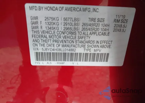 2020 Acura Mdx Technology A-Spec Packages z USA, uszkodzony, nr VIN 5J8YD4H08LL014882